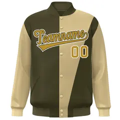 Olive Khaki-Old Gold Color Block Varsity Full-Snap Bomber Jacket 3