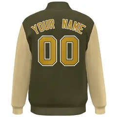 Olive Khaki-Old Gold Color Block Varsity Full-Snap Bomber Jacket 4