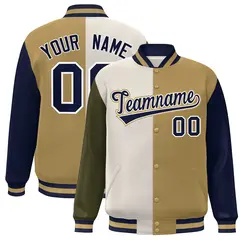 Olive Khaki Old Gold-Navy Color Block Varsity Bomber Jacket