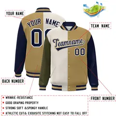 Olive Khaki Old Gold-Navy Color Block Varsity Bomber Jacket 2