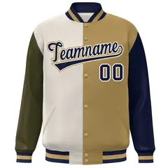 Olive Khaki Old Gold-Navy Color Block Varsity Bomber Jacket 3