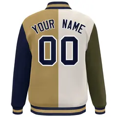 Olive Khaki Old Gold-Navy Color Block Varsity Bomber Jacket 4