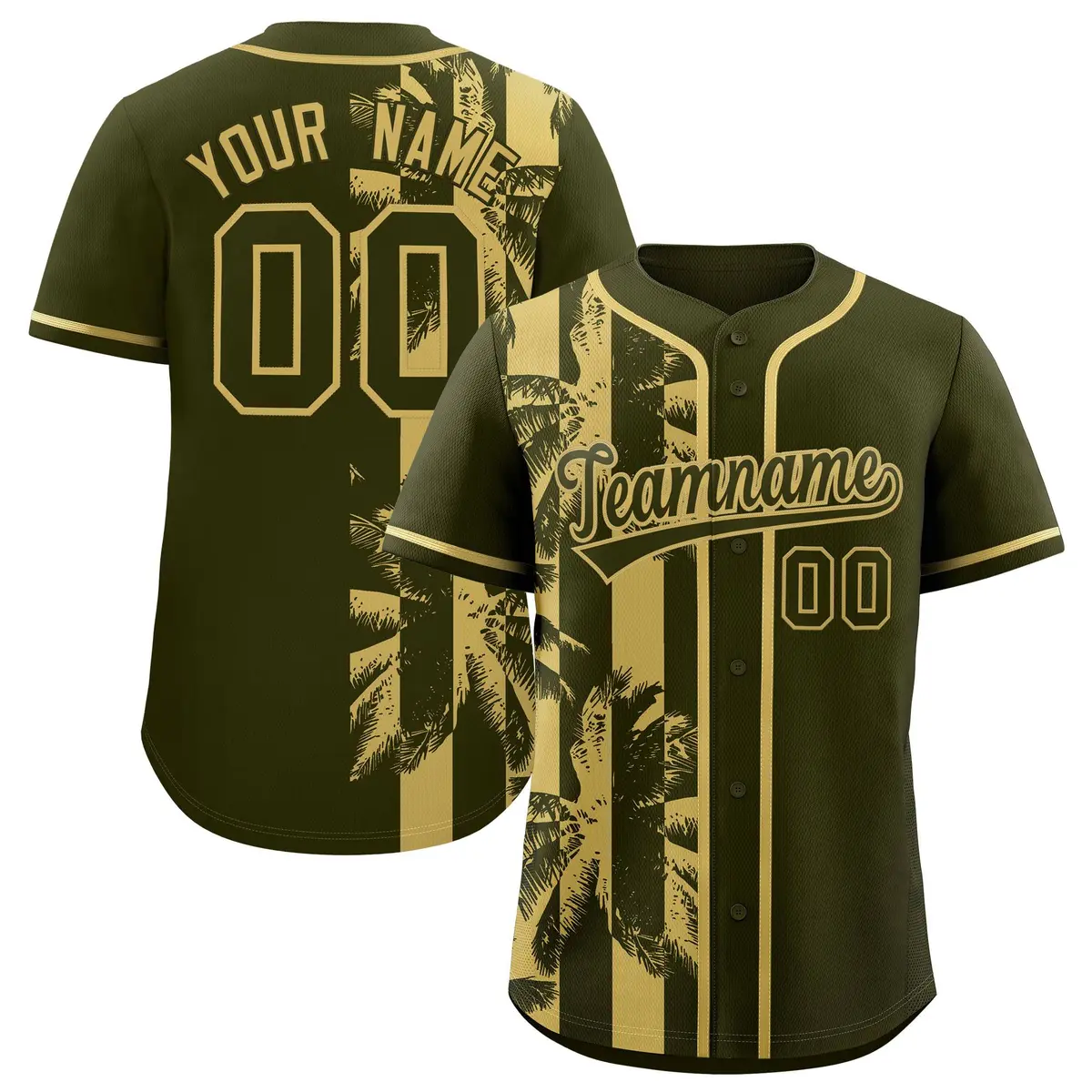 Olive Khaki Split Coconut Tree Design Baseball Jersey