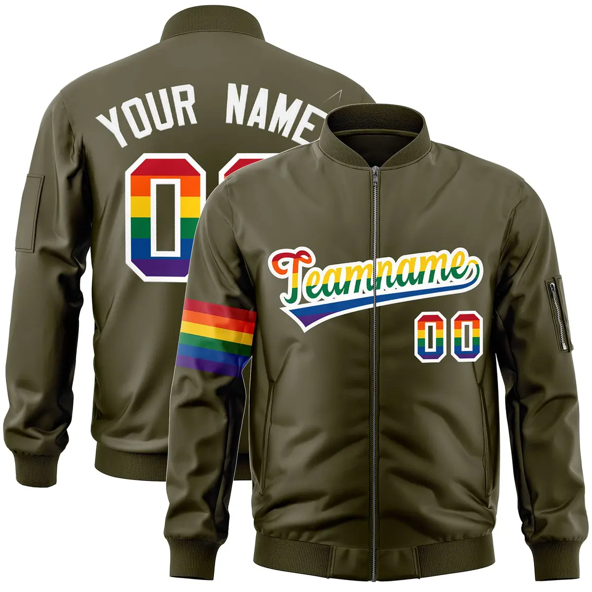 Olive LGBT Rainbow Pride Month Letterman Bomber Jacket