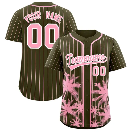 Olive Light Pink Pinstripe Coconut Tree Baseball Jersey