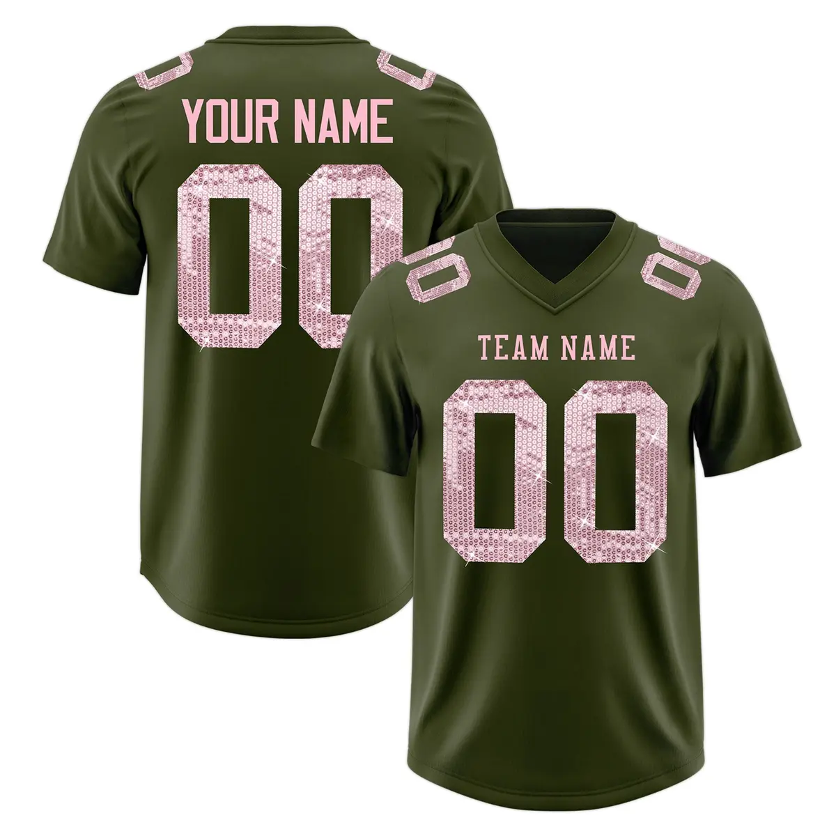 Olive Light Pink Sequin Lettering Football Jersey