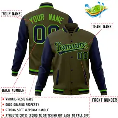 Olive Navy Full-Snap Raglan Varsity Letterman Baseball Jacket 4
