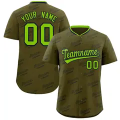 Olive Neon Green Full Button Graffiti Text Baseball Jersey
