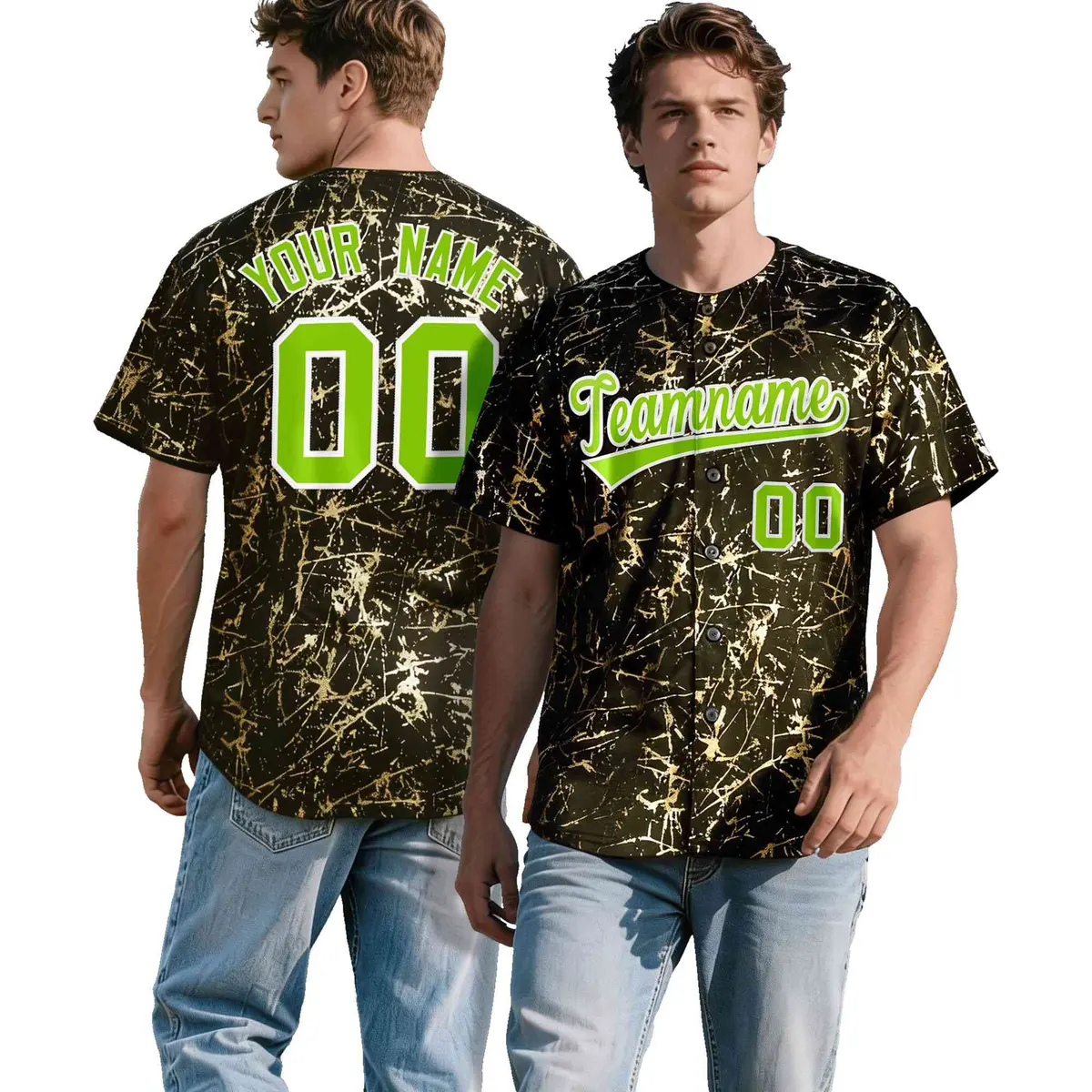 Olive Neon Green Metallic Gold Splatter Baseball Jersey