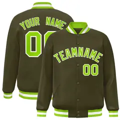 Olive Neon Green-White Varsity Full-Snap Letterman Jacket