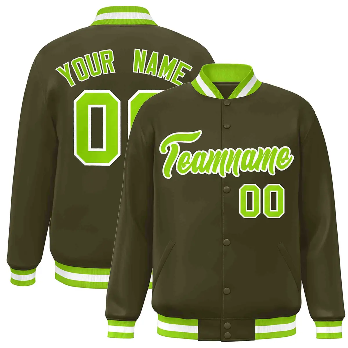 Olive Neon Green-White Varsity Full-Snap Letterman Jacket