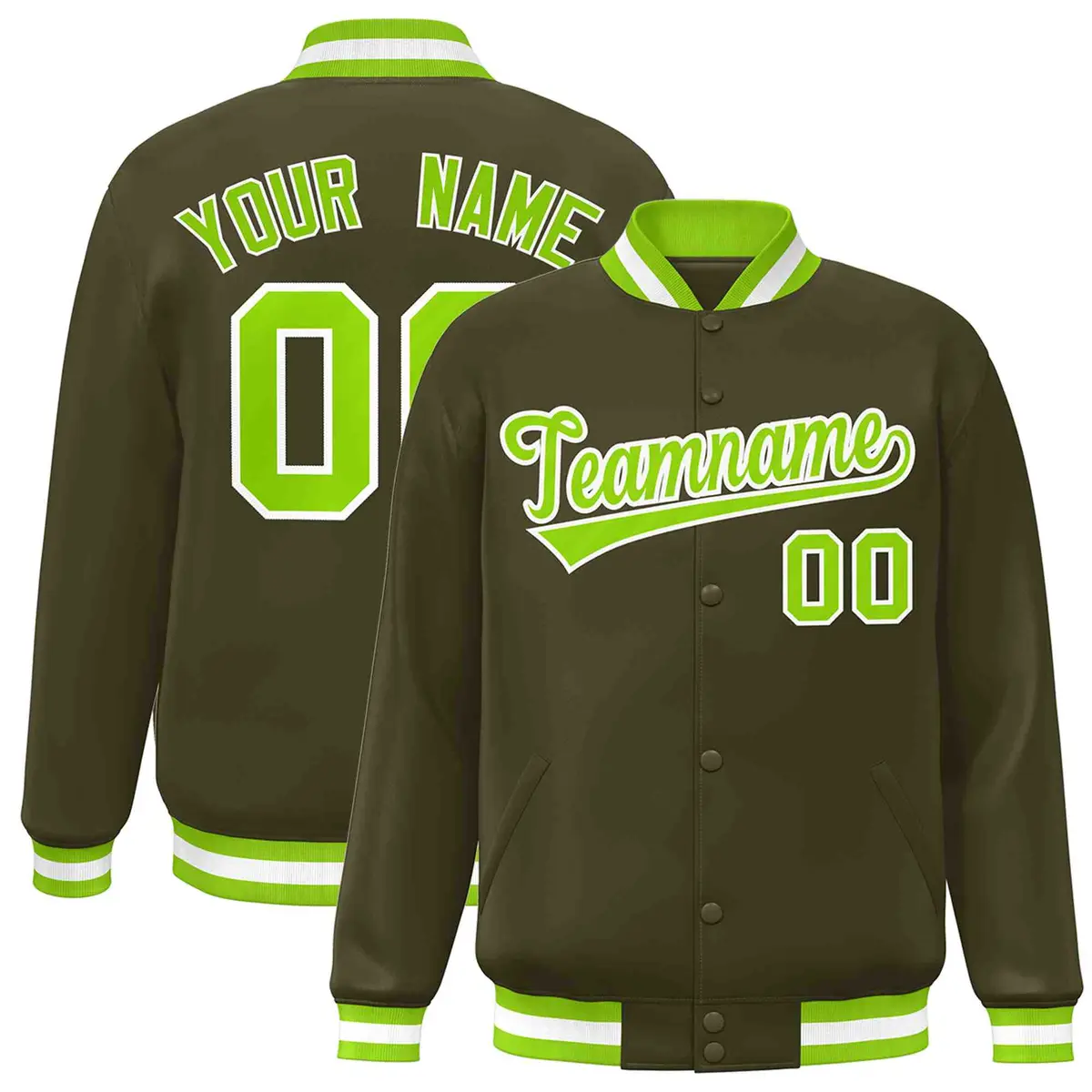 Olive Neon Green-White Varsity Full-Snap Letterman Jacket
