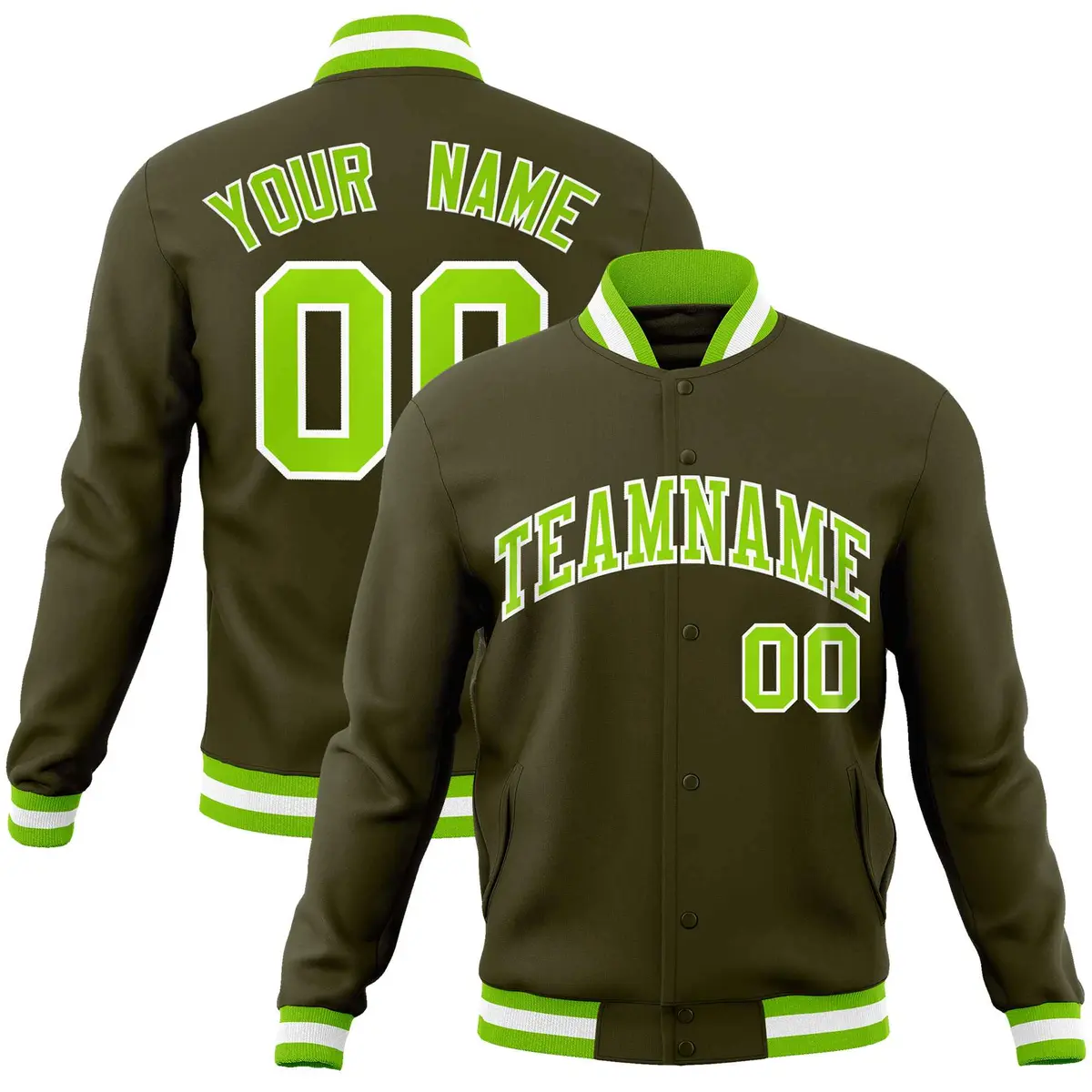 Olive Neon Green-White Varsity Full-Snap Letterman Jacket