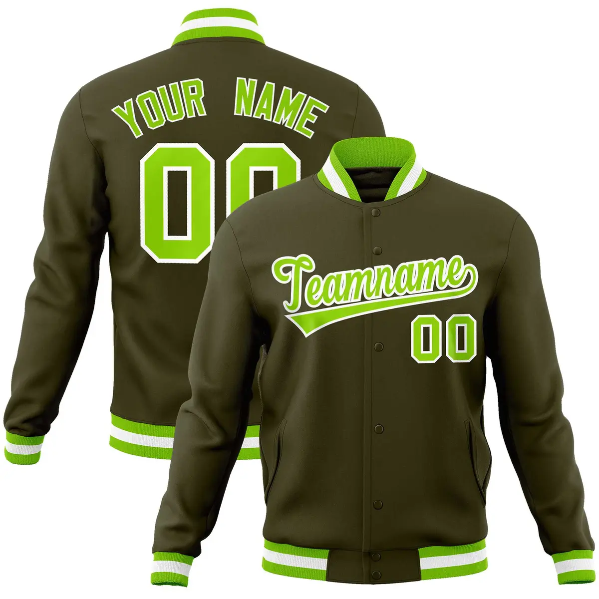 Olive Neon Green-White Varsity Full-Snap Letterman Jacket