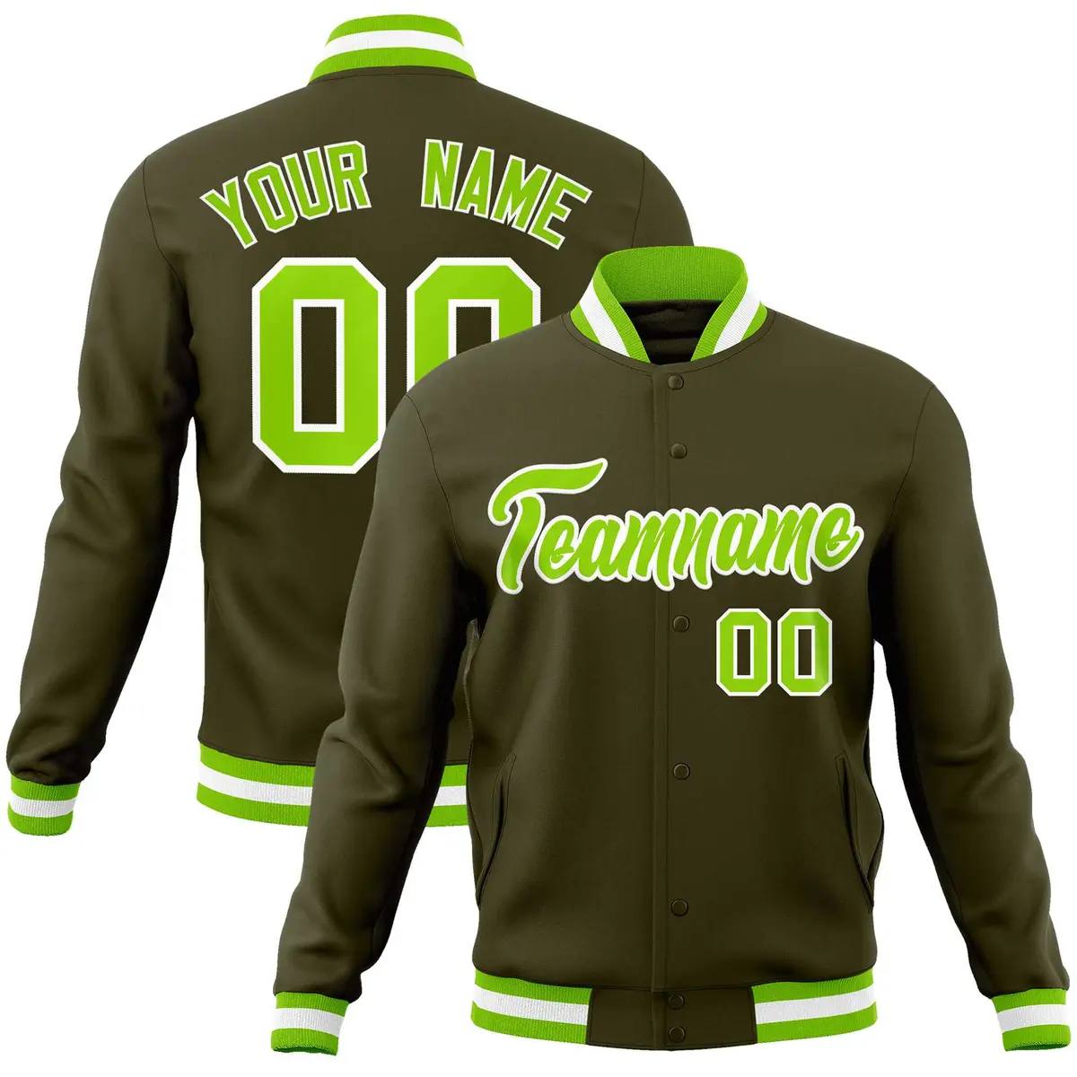 Olive Neon Green-White Varsity Full-Snap Letterman Jacket