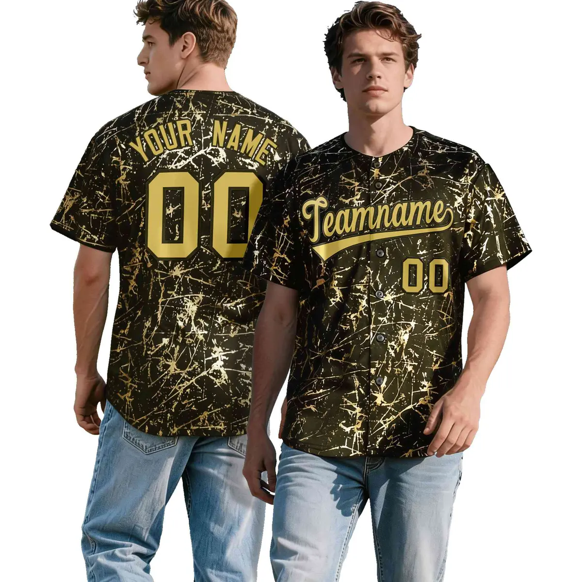 Olive Old Gold Black & Shiny Gold Cracked Foil Baseball Jersey