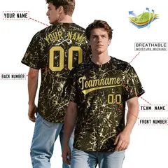 Olive Old Gold Black & Shiny Gold Cracked Foil Baseball Jersey 2