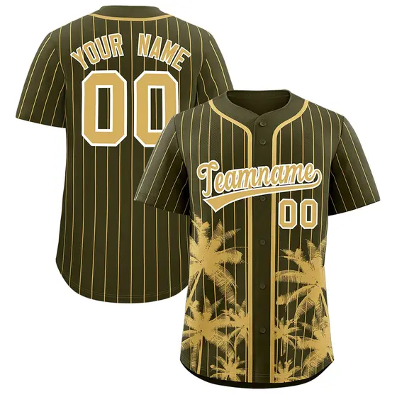 Olive Old Gold Pinstripe Coconut Tree Baseball Jersey