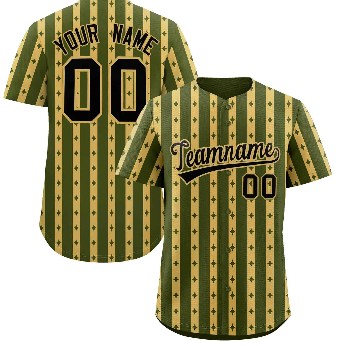 Olive Old Gold Thick Striped Star Pattern Baseball Jersey