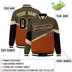 Olive Orange Black-Orange Color Block Varsity Baseball Jacket 2