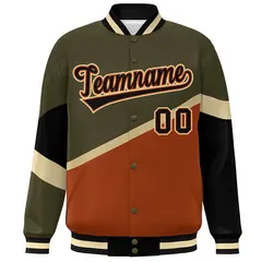 Olive Orange Black-Orange Color Block Varsity Baseball Jacket 3