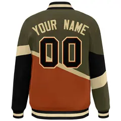 Olive Orange Black-Orange Color Block Varsity Baseball Jacket 4