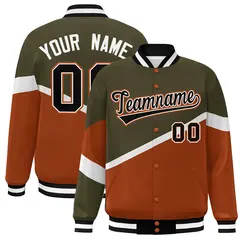 Olive Orange Black-White Color Block Varsity Baseball Bomber Jacket