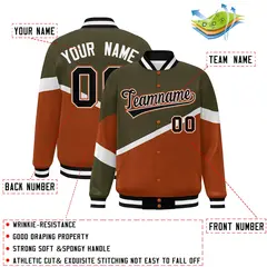Olive Orange Black-White Color Block Varsity Baseball Bomber Jacket 2