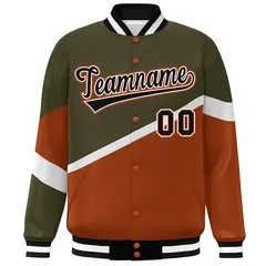Olive Orange Black-White Color Block Varsity Baseball Bomber Jacket 3