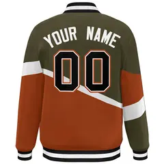 Olive Orange Black-White Color Block Varsity Baseball Bomber Jacket 4