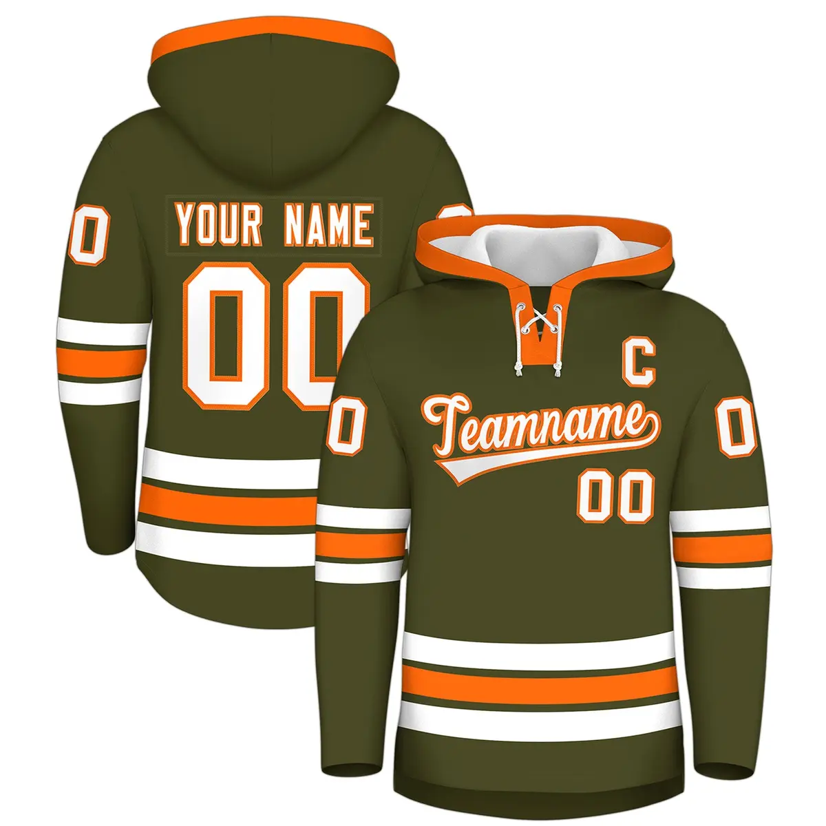 Olive Orange Lace-Up Neck Hockey Hoodie Classic Style