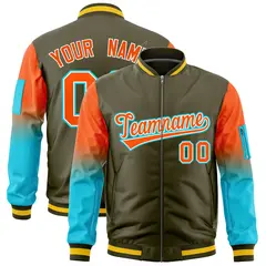 Olive Orange-Sky Blue Gradient Raglan Varsity Full-Zip Letterman Bomber Jacket 1