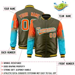 Olive Orange-Sky Blue Gradient Raglan Varsity Full-Zip Letterman Bomber Jacket 2