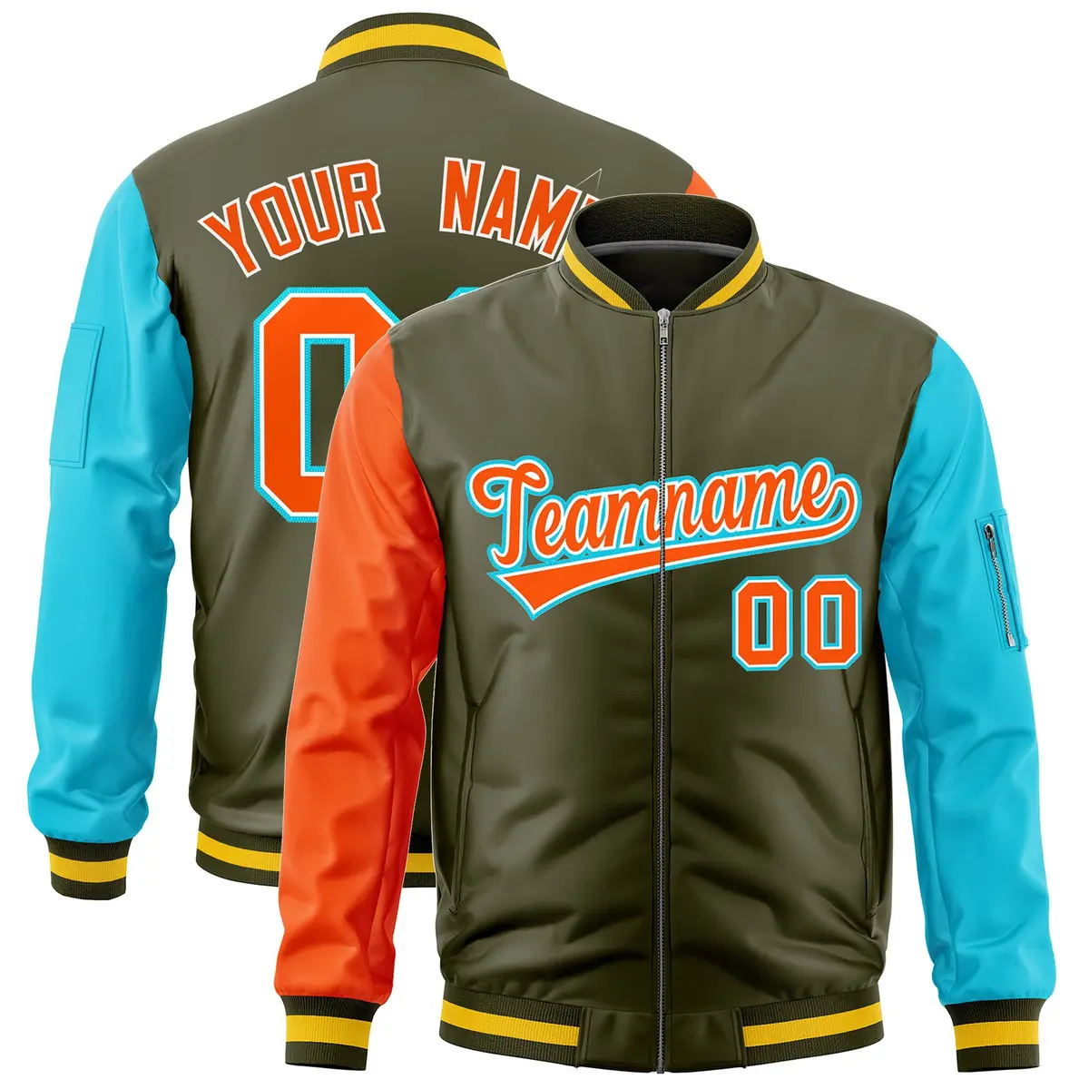 Olive Orange Sky Blue Varsity Letterman Bomber Jacket Full-Zip Raglan