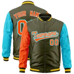 Olive Orange Sky Blue Varsity Letterman Bomber Jacket Full-Zip Raglan