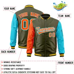 Olive Orange Sky Blue Varsity Letterman Bomber Jacket Full-Zip Raglan 2