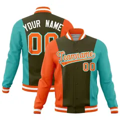 Olive Orange Teal Color Block Varsity Full-Snap Letterman Jacket