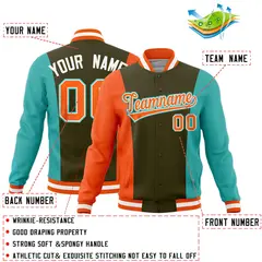Olive Orange Teal Color Block Varsity Full-Snap Letterman Jacket 2
