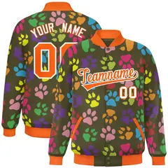 Olive Orange-White Varsity Paw Prints Graffiti Letterman Jacket