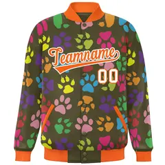 Olive Orange-White Varsity Paw Prints Graffiti Letterman Jacket 3