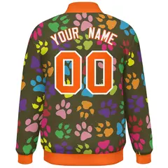 Olive Orange-White Varsity Paw Prints Graffiti Letterman Jacket 4
