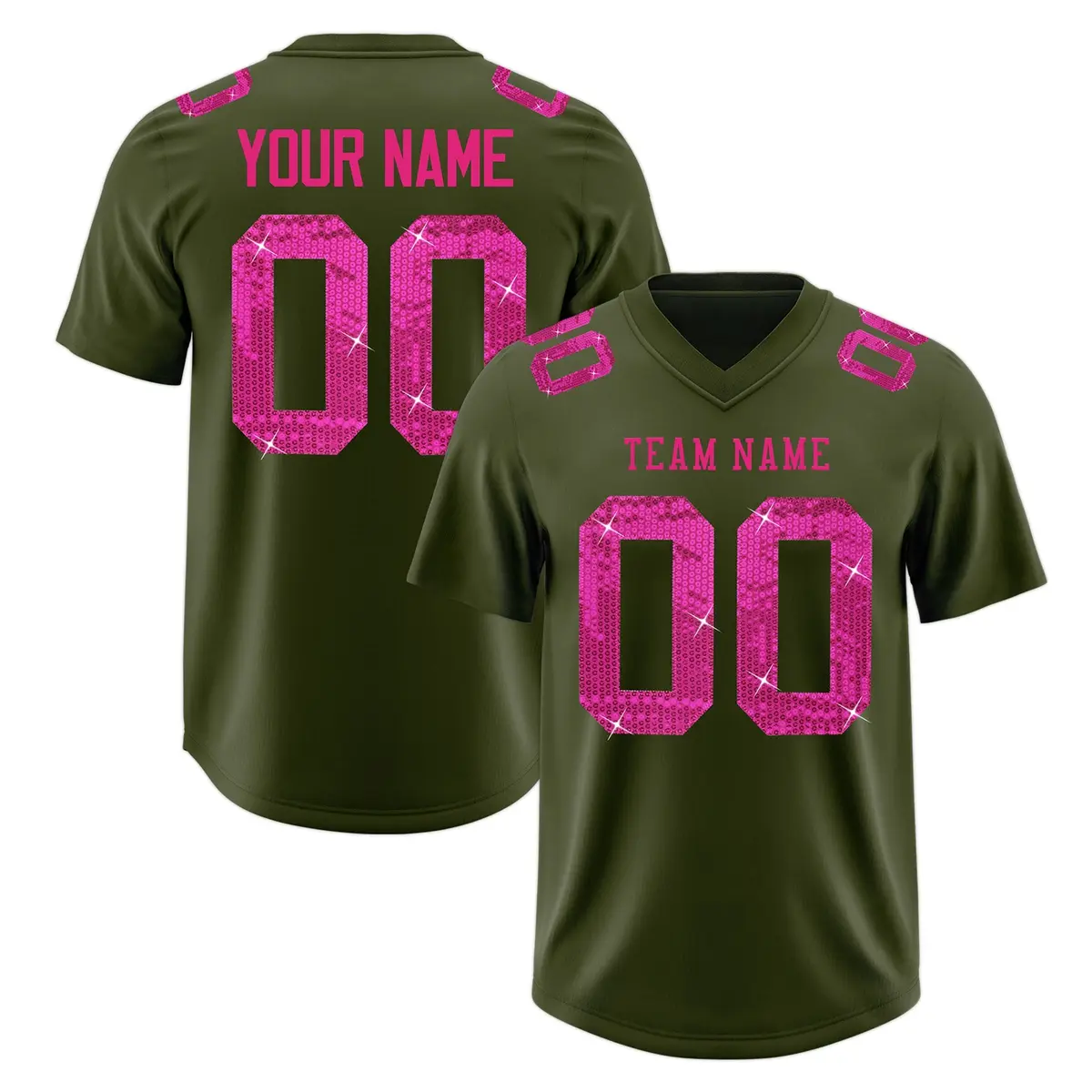 Olive Pink Sequin Lettering Stretch Football Jersey