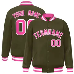 Olive Pink-White Classic Varsity Full-Snap Letterman Jacket 1