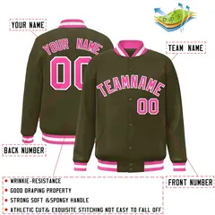 Olive Pink-White Classic Varsity Full-Snap Letterman Jacket 2