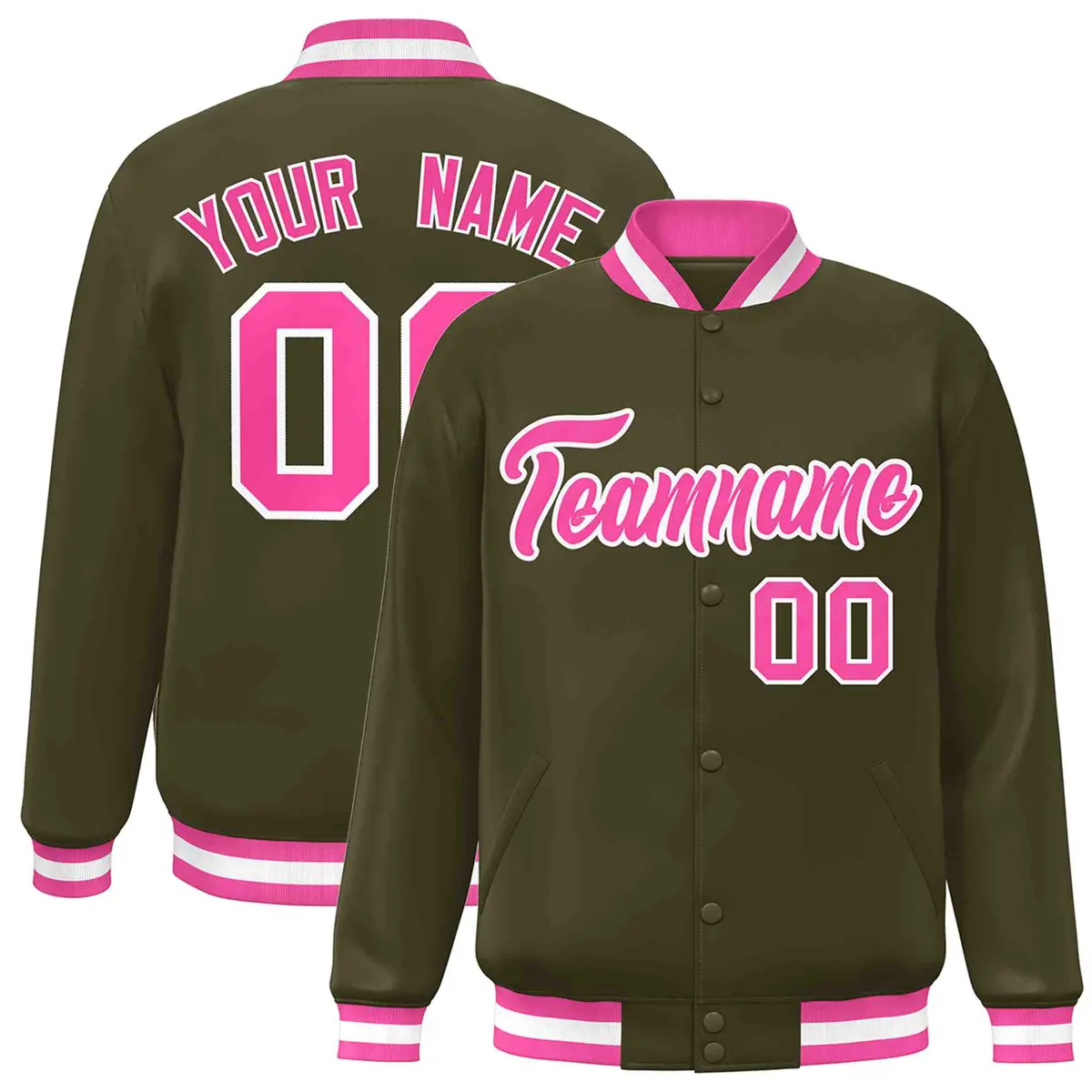 Olive Pink-White Classic Varsity Full-Snap Letterman Jacket