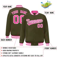Olive Pink-White Classic Varsity Full-Snap Letterman Jacket 2