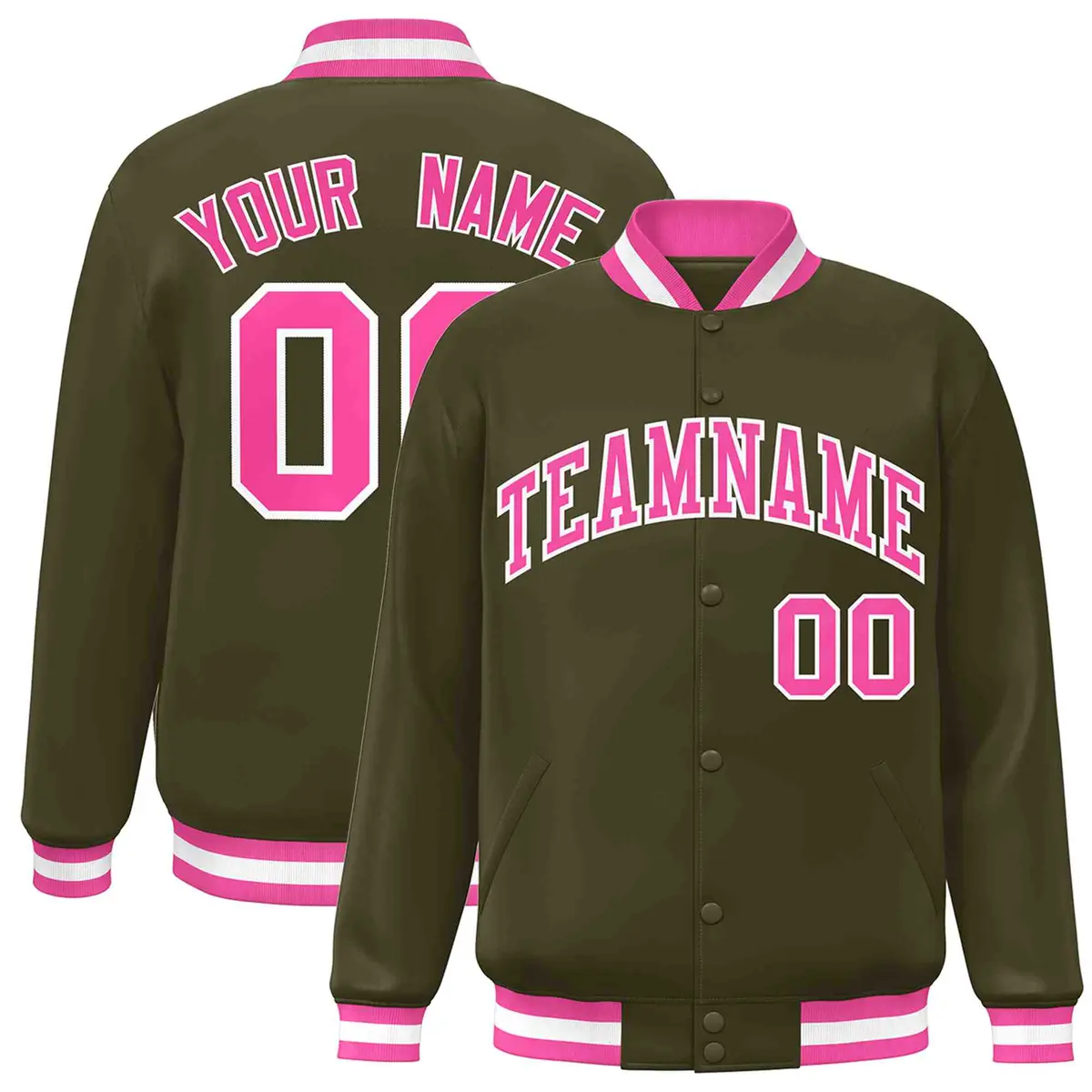 Olive Pink-White Classic Varsity Full-Snap Letterman Jacket