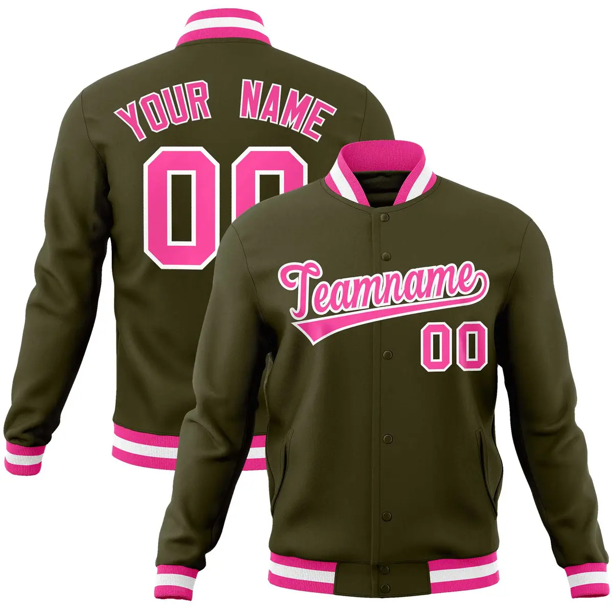 Olive Pink-White Classic Varsity Full-Snap Letterman Jacket
