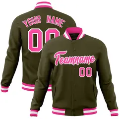 Olive Pink-White Classic Varsity Full-Snap Letterman Jacket 1