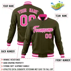 Olive Pink-White Classic Varsity Full-Snap Letterman Jacket 4